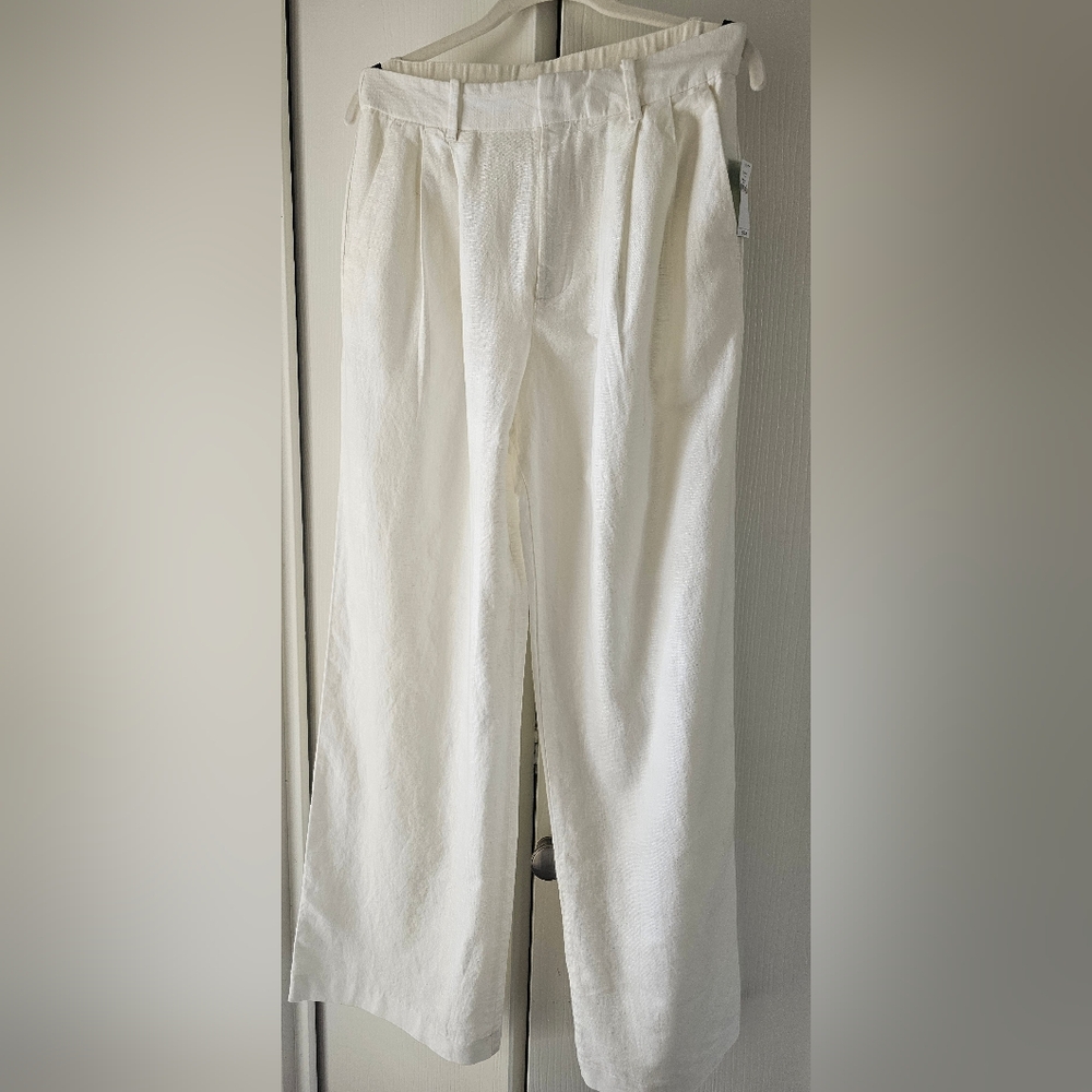Gap White High Waisted Wide Leg Linen Cotton Trousers Sz 4 NWT
